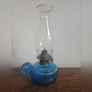 Vintage Blue Glass Finger Oil Lamp with Beaded Chimney